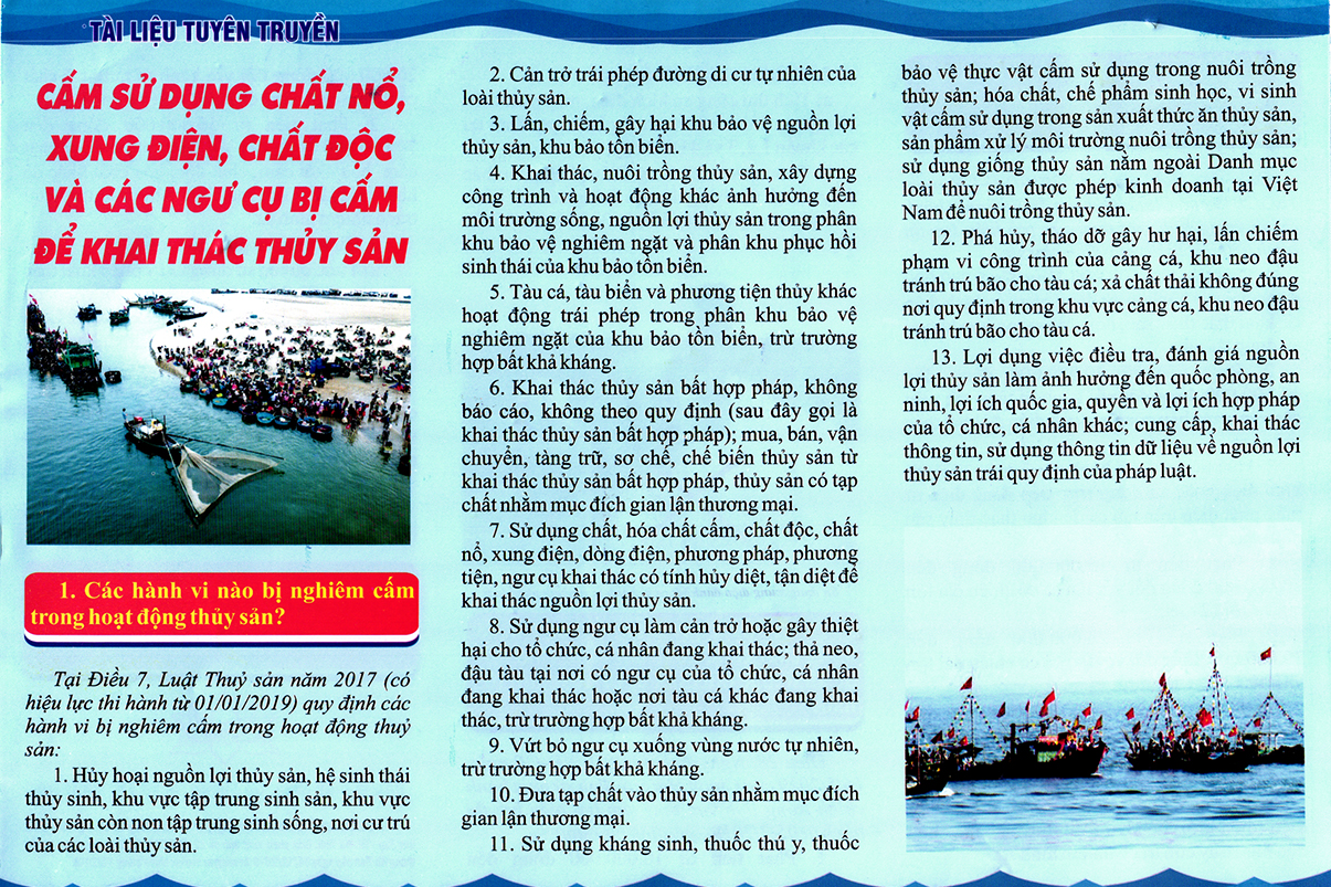 Tuyên truyền cấm sử dụng chất nổ, xung điện, chất độc và các ngư cụ bị cấm để khai thác thủy sản