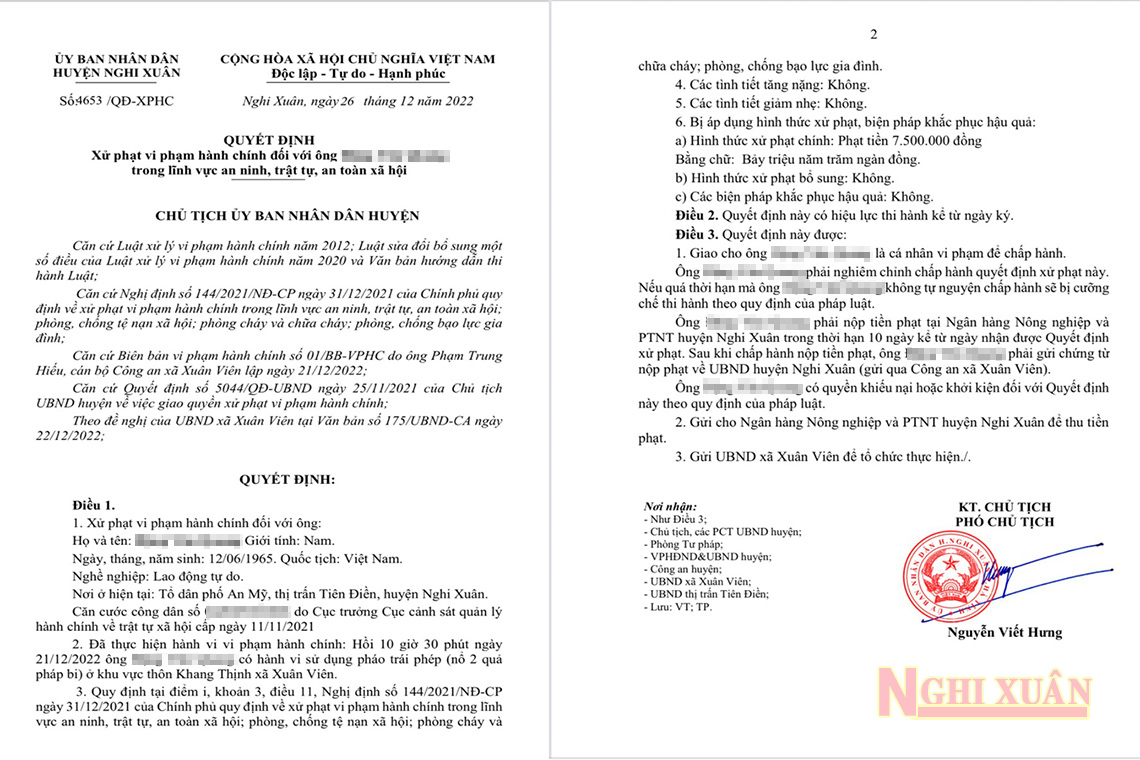 Sử dụng pháo trái phép, người đàn ông ở Nghi Xuân bị xử phạt 7,5 triệu đồng