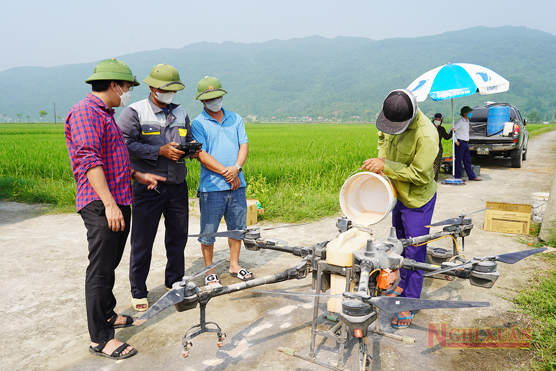 Phun thuốc trừ đạo ôn bằng máy bay không người lái cho hơn 80ha diện tích lúa ở Xuân Lĩnh